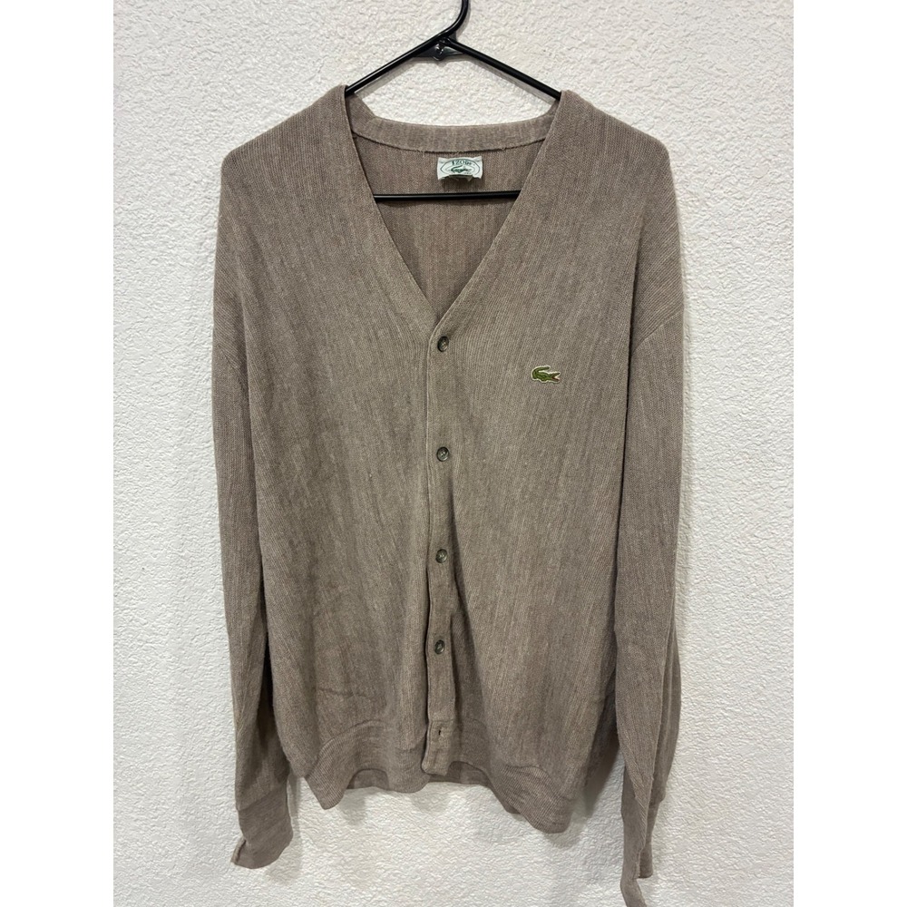Vintage Lacoste Sweater Men's XL Brown Cardigan Alligator Orlon Acrylic Preppy